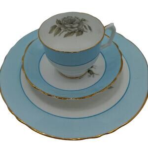 1940's Crown Staffordshire Fine Bone China - Gray Blossoms Gold teacup trio